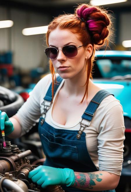 medium shot photo an absolutely stunning badass redhead girl who is a mechanic, dreadlocks, working on a supercar's engine. slightly muscular, tone, only wearing stained cap worn work gloves and dirty overalls, hair tied up in a bun, large boobs, sideboob, sweating, pale white skin, shiny skin, sweating, full sleeve colorful tattoo, smirking at viewer with one eyebrow up, dark sunglasses, hoop earrings, blowing bubblegum, bokeh,