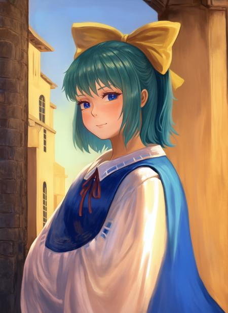 masterpiece, best quality, highly detailed, 1girl, cirno, medieval city