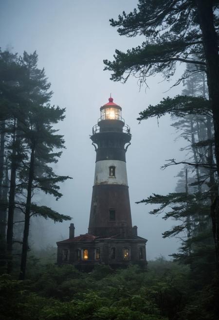 An old, 
partially broken lighthouse in a deep dark forest, 
its light shining through the treetops, 
fog around and a big old ship on the horizon