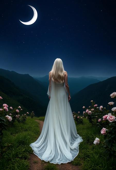 A woman, dressed in a long white wedding dress, was walking down a path in a deep valley to the top of a high mountain, her long silver hair hanging down her back like a moonlight waterfall. She looked up at the white crescent moon in the night sky, her perfect figure silhouetted through her gauze dress. The hills on either side of her were full of roses. The stars in the night sky make a beautiful picture.