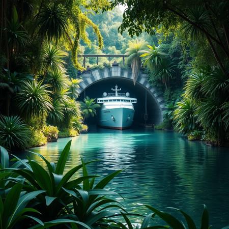 a beautiful water ship  tunnel entrance conquered by green jungle  vegetation, profesional photography, high resolution, fines details of plants, ultra realistic day scene