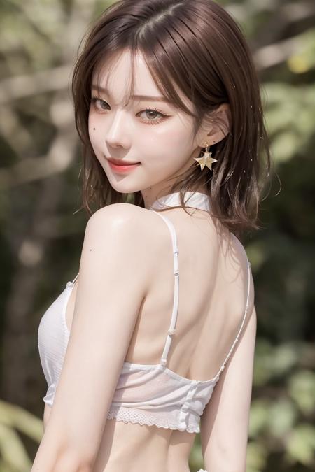 (masterpiece), a stunning photograph of young gorgeous woman, half body crop, 8k, raw photo, looking at viewer, (highly detailed skin:1.2), medium breasts, slim body,(photorealistic:1.4), white shirt, in the middle of forest, solo, jewelry, earrings, brown hair, looking at viewer, short hair, brown eyes, portrait, realistic, mole, lips, necklace, hand up, bangs, mole under eye, smile, looking back