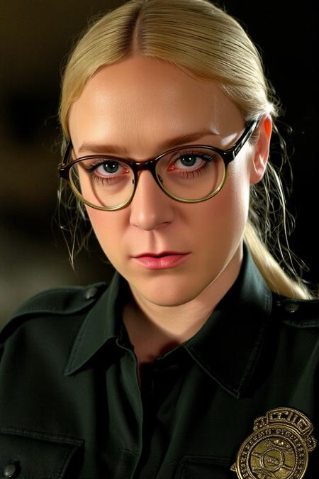 woman with blond hair, ponytail, glasses, green police uniform, skin imperfections, realistic, serious expression, dramatic, 