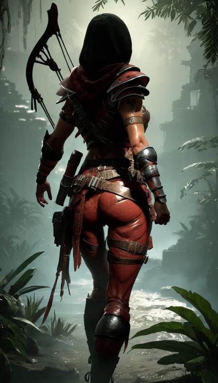 Cinematic scene, back view, diablo 4, female rogue, action pose,  <lora:diablo_4_rogue_v0.0.2:1>, jungle, masterpiece, best quality, high quality, absurdress