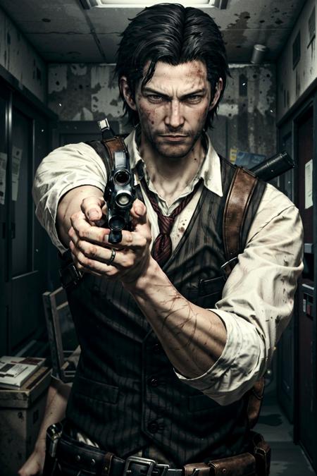 (masterpiece, best quality)
SebastianEvilWithin, solo, looking at viewer, shirt, black hair, 1boy, holding, white shirt, upper body, weapon, male focus, necktie, holding weapon, vest, gun, blood, red necktie, holding gun, realistic, manly, single mechanical arm, aiming, aiming at viewer
<lora:epi_noiseoffset2:1>,  <lora:add_detail:0.5>,  <lora:SebastianEvilWithin:0.8>