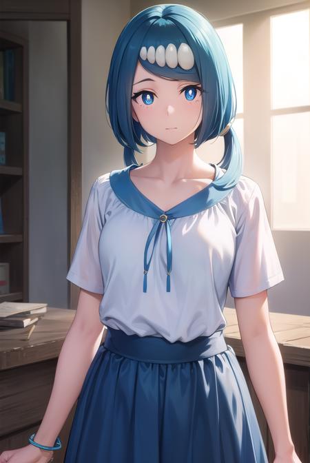 pokemonmotherlana, <lyco:pokemonmotherlana-lyco-nochekaiser:1>,
pokemonmotherlana, blue eyes, blue hair, freckles, hair ornament, long hair, swept bangs, (bright pupils:1.5),
BREAK blouse, blue skirt, bracelet, collarbone, dress, jewelry, long skirt, shirt, short sleeves, skirt, white shirt,
BREAK looking at viewer, full body, (cowboy shot:1.5),
BREAK indoors,
BREAK <lyco:GoodHands-beta2:1>, (masterpiece:1.2), best quality, high resolution, unity 8k wallpaper, (illustration:0.8), (beautiful detailed eyes:1.6), extremely detailed face, perfect lighting, extremely detailed CG, (perfect hands, perfect anatomy),