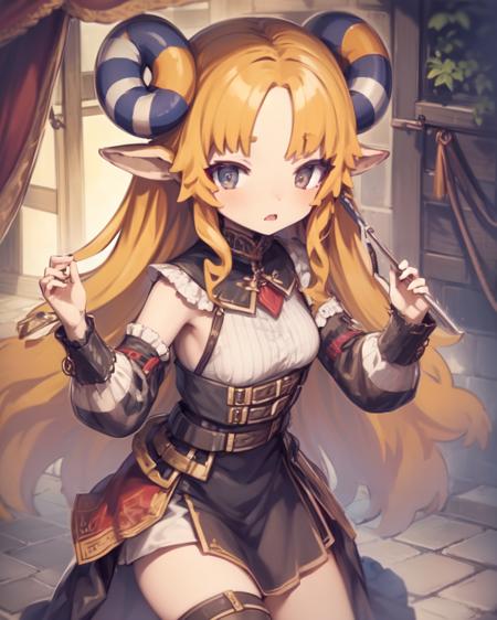 <lora:NeokiV1.2:1.0>
1girl, solo, wearing skald outfit, (brown)(medium)(Split bangs) hair,
horns