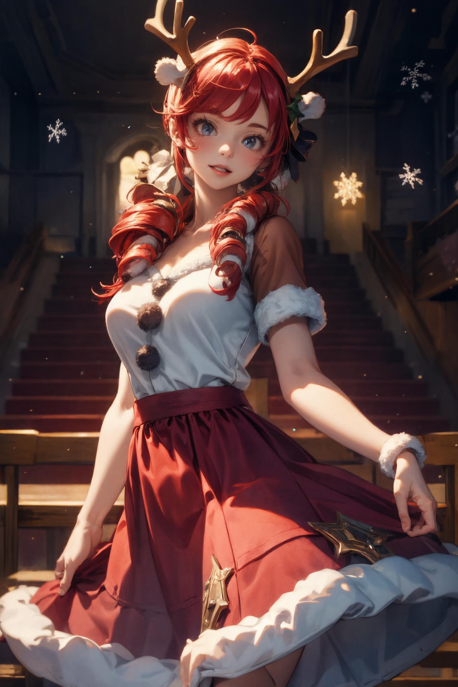 Anime-style drawing of a woman in a red dress with white accents, wearing a Santa hat and standing near a staircase.