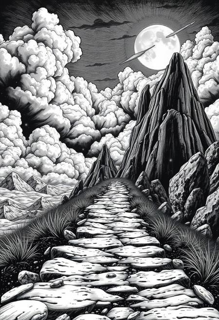 Pathway to the head of it all , woodcut-inspired graphics, dreamscape portraiture, trompe-l'œil illusionistic detail, detailed skies, monochrome canvases, mural painting style, close-up intensity, intricate textures, dramatic contrasts, surreal atmosphere, fine linework, depth through shading, storytelling composition, timeless aesthetic, expressive forms