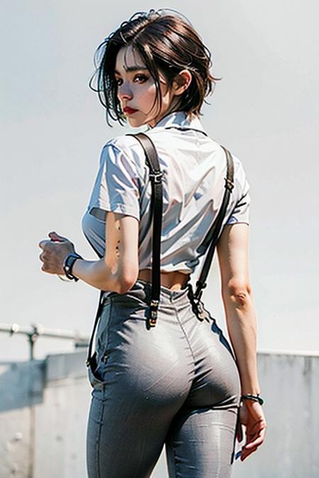 best quality, (photorealistic:1.4), 1girl, (black shirt:1.2),  (grey long pants:1.2),(white suspenders:1.4), perfect female figure, full body, from back, white background, short hair, slim