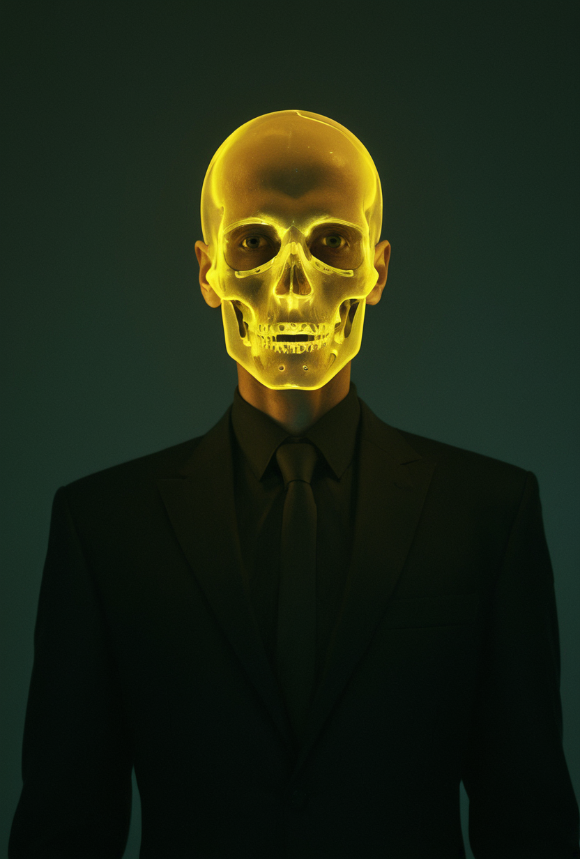 surrealism, front portrait of a man, upper body, transparent skin revealing his skull, glowing with a neon-orange bio-luminescent effect, minimalist black suit wearing, surrounded by a soft glow that contrasts with the sharp details of his skull, background is a minimalist, surreal and sci-fi mood, lighting is soft with a warm futuristic yellow tone, illuminating the skeletal structure subtly, holographic effects, translucent textures, cinematic lighting, cyberpunk aesthetics, x-ray vision, futuristic materials, sleek minimalism, realism