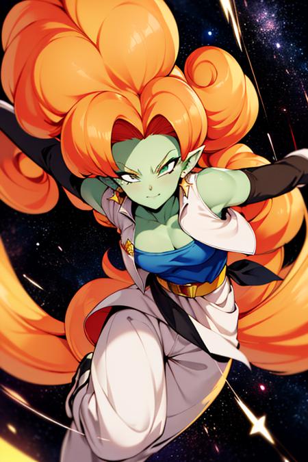 ((masterpiece,best quality)), absurdres, cinematic composition, dynamic pose, 
<lora:Zangya_DB:0.7>, Zangya_DB, solo, 1girl, green skin, long orange hair, white baggy pants, vest, sash,  black arm warmers, 
detailed face, smug,  
space and stars in background,