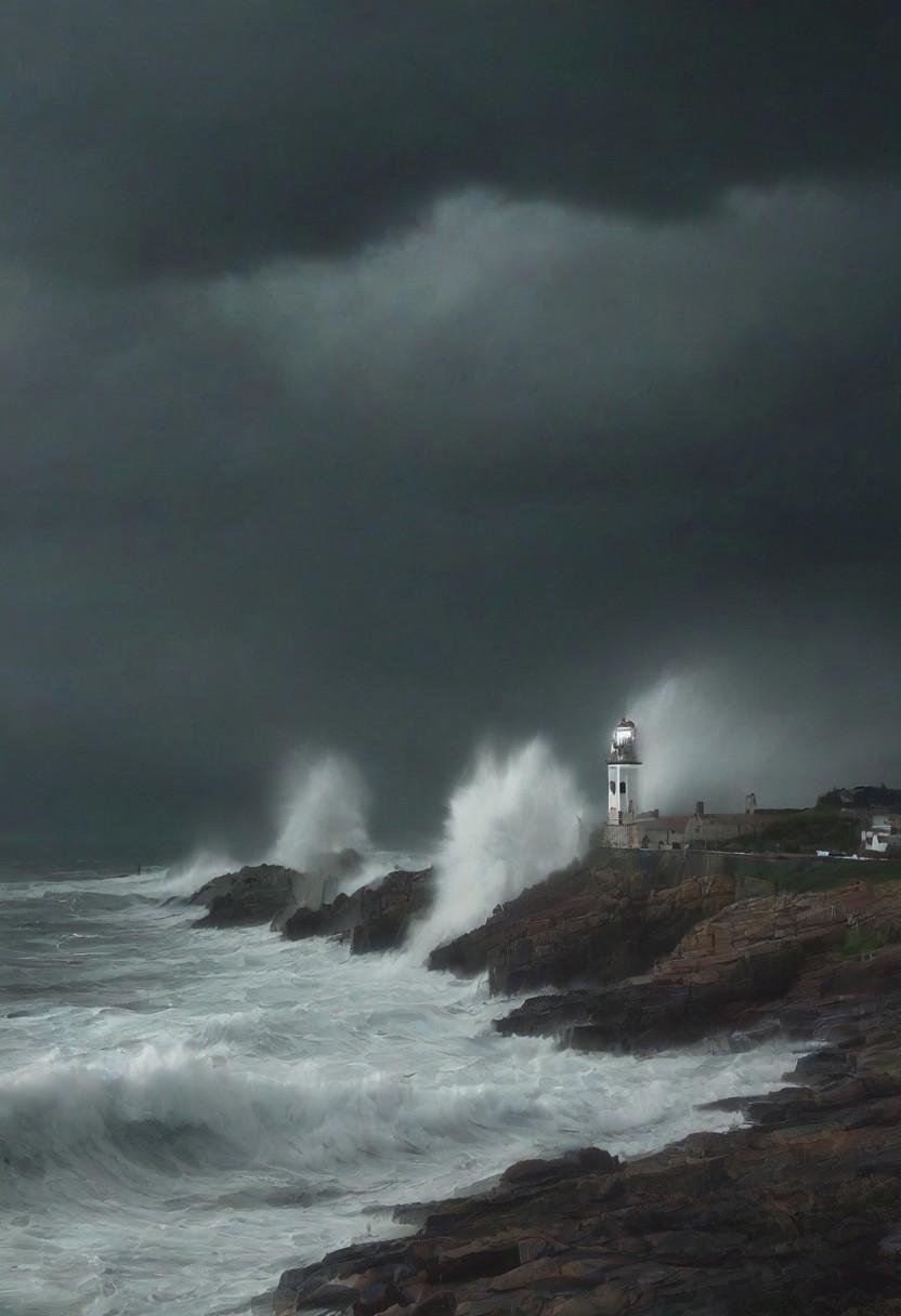 a scenic view of a lighthouse on a rocky shore, thunderstorm, violent waves crashing against the shore, dark clouds