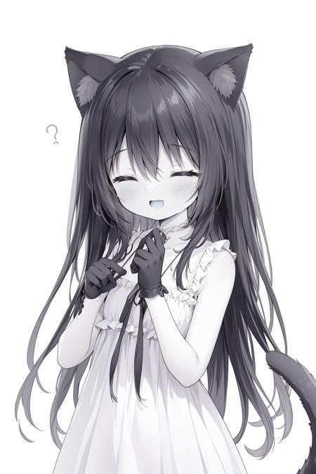 noir_cg, noir, xingbailieche, gloves, animal_ears, long_hair, sleeveless, smile, :d, blush, closed_eyes, bangs, 1girl, animal_ear_fluff, tail, hair_between_eyes, open_mouth, ^_^, cat_ears, cat_tail, monochrome, facing_viewer, bare_shoulders, sleeveless_dress, hand_up, very_long_hair, greyscale, hands_up, cat_girl, solo_focus, tail_raised, dress, upper_body
 <lora:super-noir-v1:1>