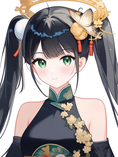 <lora:dan_4k:1>,masterpiece, solo, close up, [sho lwlw], 1girl, white background, simple background, grey background, upper body, looking at viewer, blush, closed mouth, green eyes, long hair, black hair, butterfly hair ornament, twintails, bangs, double bun, side bun, china dress, black gloves, black dress, sleeveless dress, halo, bare shoulders, own hands together