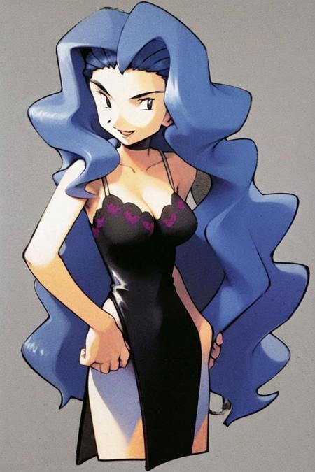 sugimori ken 1990s, 1girl, solo, long grey hair, full body, smile, black dress, standing, white background, short dress, black footwear, breasts, wavy hair, hands on hips, purple trim, grey hair, sleeveless, grey eyes, eyelashes, bare arms, knees, pumps, karen (pokemon), looking at viewer, collarbone, cleavage, <lora:KenSugimori1990s-v1-1:1>