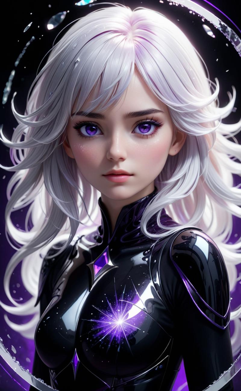 A purple-eyed, white-haired anime character wearing a black suit.