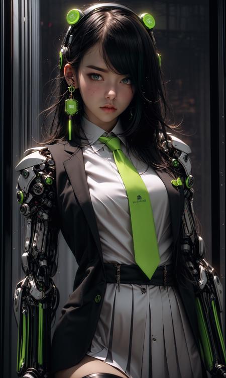 masterpiece, best quality, 8k, insane details, intricate details, hyperdetailed, hyper quality, high detail, ultra detailed, Masterpiece,
1girlsolomulticolored hairtwo-tone haircolored inner hairmole under eye
suitclosed mouthFluorescent greenhair ornamentearringsjewelryminiskirtthighhighs
green necktiemechanical armssingle mechanical armheadphonesheadphones around neckgreen eyes
cyberpunkweaponmolescience fiction<lora:~Q?-gQIg:ZFluorescent green:1>