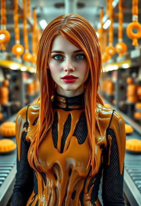 a photo of white woman, caramel-colored hair, green eyes, liquid caramel dress, candy factory, conveyor belts, sugar sculptures, warm artificial lighting, realistic style