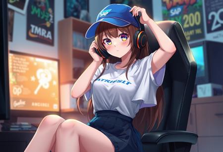 Beautifull yang 20 years old anime girl in her gaming room. The girl sitting on the chair in skirt and cap on her head with logo SAP text, puting one hand on her head and have headset in her other hand. High detail and an overall serene, masterpiece quality.