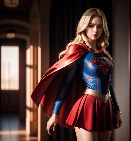 supergirl, hair blonde, skirt red, cape red, (Realistic),masterpiece,best quality,cinematic lighting,natural shadow,looking at viewer,Raw photo,8k,uhd,dslr,soft,lighting,high quality,film