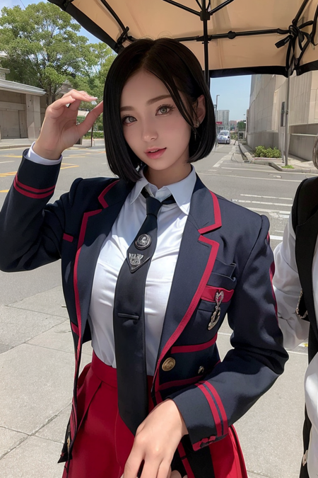 best quality, masterpiece, (photorealistic:1.4), 1 girl, upper body, short hair, uniform school, suit school, necklace, cute, ((in school:1.4)), outside, big boobs, -- Face Details:1.7 -- <lora:KSohee-01:1>