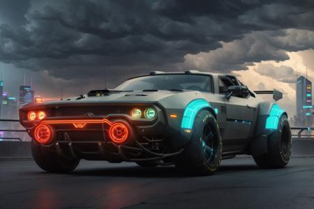 a 3/4 front view of ((futuristic cyberpunk hotrod zeekars)) (with glowing tires), neon glow , cyberpunk muscle car, <lora:zeekars:0.5>, lighting storm in the background, Black and ((dark blue)), in cyberpunk city, ((badass))
