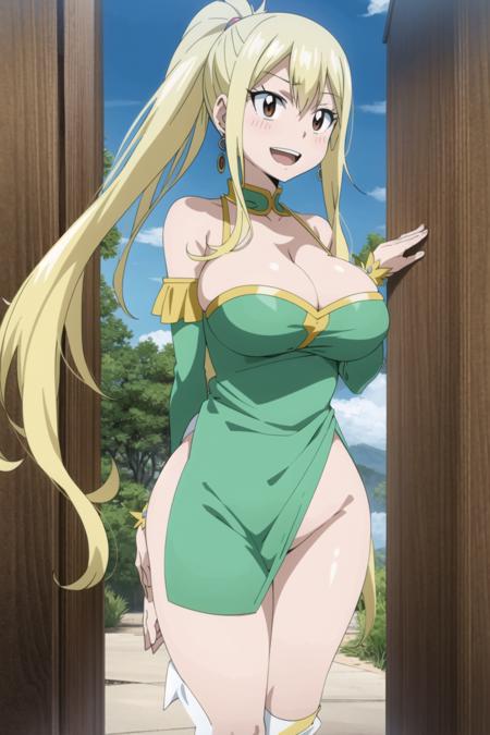 lucy, fairy tail, anime art style, 1girl, solo, long_hair, breasts, smile, open_mouth, blonde_hair, large_breasts, cleavage, bare_shoulders, brown_eyes, jewelry, upper_body, ponytail, :d, sidelocks, earrings, detached_sleeves, anime_coloring