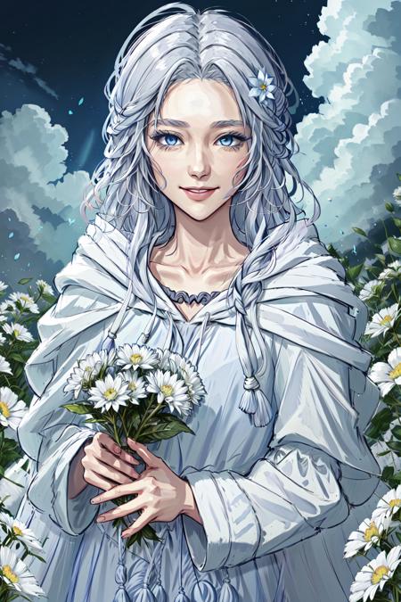 Hydealyn_Venat,  1girl,  solo,  long hair,  looking at viewer,  smile,  blue eyes,  long sleeves,  holding,  standing,  collarbone,  upper body,  braid,  flower,  white hair,  sky,  hand up,  hood,  wide sleeves,  petals,  single braid,  capelet,  mask,  blue background,  wavy hair,  hood down,  white flower,  tassel,  half updo,  robe,  crystal,  holding flower,  white capelet,  flower field,  mask removed,  hooded capelet,  white robe,  mask around neck,  hooded robe,  grey capelet, <lora:EMS-49413-EMS:0.800000>