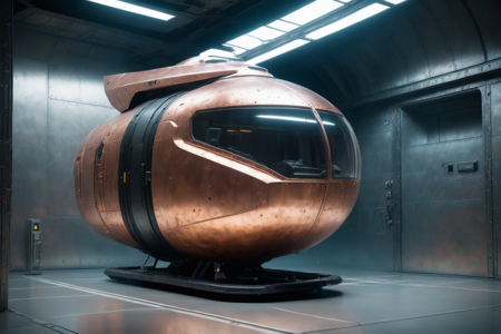 a copper hoverbike with aerodynamic design, parked on a futuristic platform, solo, a copper cargo pod, sealed with a digital lock, on a freighter, inside a space station with metallic walls, floating panels, stars visible through a window, a copper data screen on the wall, detailed background, parked in a Martian dome, wheels resting on soil, environment focus, wide shot, best quality, vibrant colors, realistic style, soft light, soft pastel tones, muted blues and yellows, bright light, dynamic angle, wide shot, <lora:MadeOfCopper01_CE_SDXL:1>