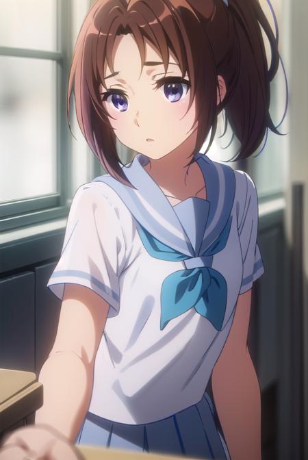 natsukinakagawa, <lora:natsuki nakagawa s2-lora-nochekaiser:1>,
natsuki nakagawa, nakagawa natsuki, long hair, brown hair, (purple eyes:1.2), ponytail, (parted bangs:1.5),
BREAK skirt, shirt, school uniform, white shirt, short sleeves, pleated skirt, serafuku, sailor collar, blue skirt, neckerchief, blue sailor collar, school bag, blue neckerchief, kitauji high school uniform,
BREAK indoors, classroom,
BREAK looking at viewer, (cowboy shot:1.5),
BREAK <lyco:GoodHands-beta2:1>, (masterpiece:1.2), best quality, high resolution, unity 8k wallpaper, (illustration:0.8), (beautiful detailed eyes:1.6), extremely detailed face, perfect lighting, extremely detailed CG, (perfect hands, perfect anatomy),