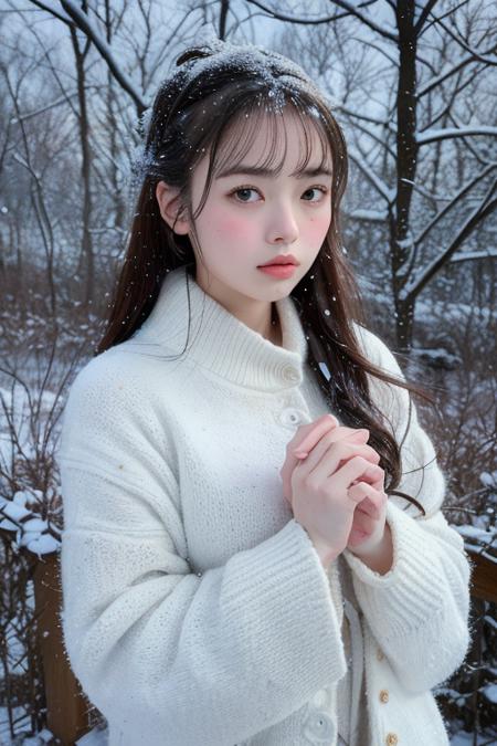 (8k, best quality, masterpiece, ultra highres:1.2) Photo of Pretty Japanese woman in the (style of paul rubens and rebecca guay:1.1) (melancholy winter snow:1.4)