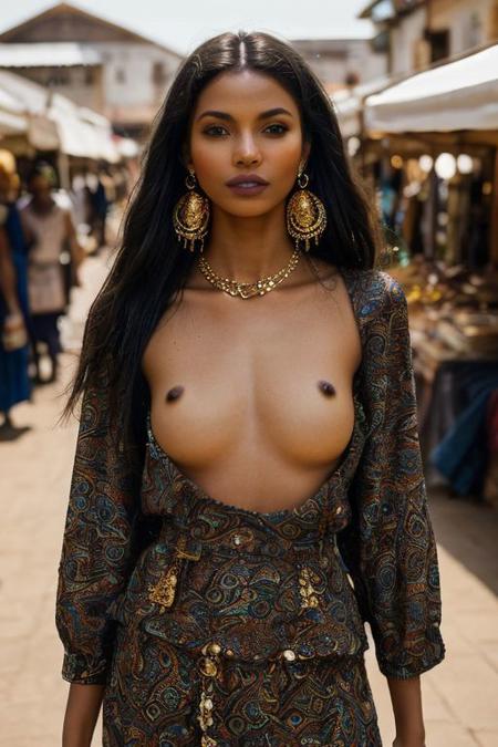 (style of [Ilya Kuvshinov:Alessio Albi:0.5]:1.5) (friendly endearing expression, cinematic establishing shot:1.2), (Layered Depth, Soft focus foreground:1.2), (bare breasts:1.5), [[[SkinDetail HairDetail]]] [Nubian:West African:0.5] theme, a majestic 18yo Nubian girl standing proudly in a vibrant West African setting, adorned in ((luxurious traditional attire)), floor-length gown rich in geometric patterns and bold colors, wide sleeves, intricately beaded bodice, layered necklaces made of gold and precious stones, a headwrap with elaborate folds, showcasing the richness of West African textiles, her skin glowing, adorned with subtle traditional face paint highlighting her features, gold hoop earrings, her posture regal, a blend of cultural heritage and contemporary elegance, the background a lively market scene, colorful stalls displaying an array of fabrics and crafts, warm, golden sunlight casting long shadows, creating a harmonious interplay of light and color, a bustling atmosphere yet she remains the undoubted focal point, her gaze powerful and serene, embodying the essence of Nubian grace and West African vibrance