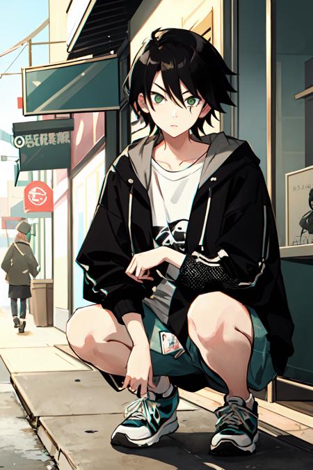 (masterpiece:1.2), ultra detailed,<lora:ItoshikiNozomu:0.65>, Itoshiki, jacket, short, sneakers, green eyes, street, shops, best quality