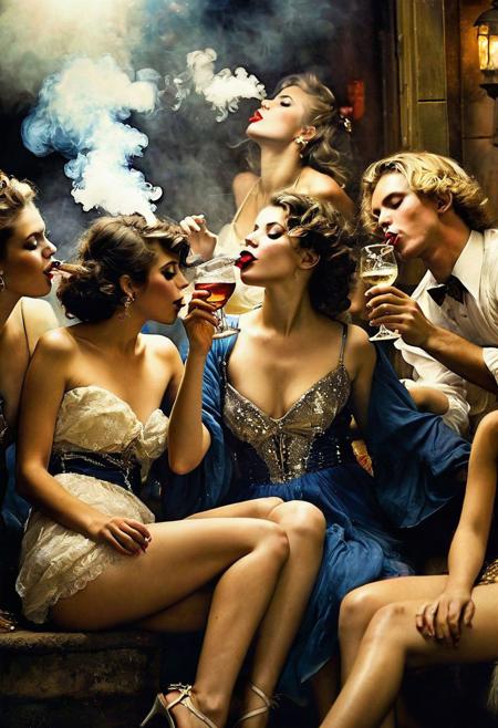 Photography inspired by watercolor painting in the style of Norman Lindsay:1.3, people at a party smoking and drinking, bare legs, girls exposing their legs, some falling asleep, some dancing, many glasses and bottles of alcohol, sleeping, very tired, drool from parted lips, soft body, night time, realistic photo, ultra detailed photography, hi quality,
