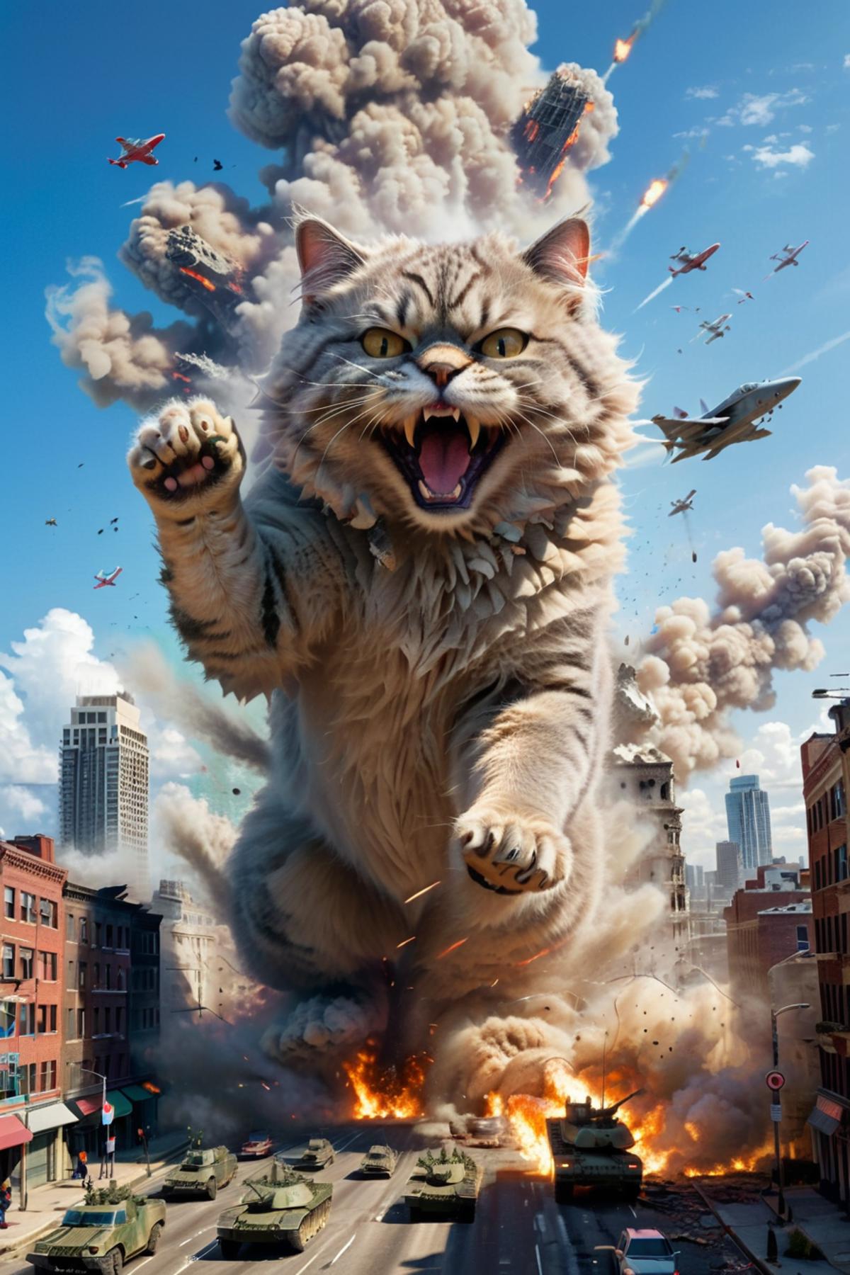 A giant cat with a ferocious expression is standing in the middle of a city, surrounded by destruction and chaos. The cat appears to be the main focus of the scene, with its mouth open and claws out, as if it is attacking the city. The city is filled with buildings, and there are multiple airplanes flying overhead, adding to the sense of chaos and destruction. The cat's size and presence create a sense of danger and unease, as it seems to be the cause of the destruction in the city.