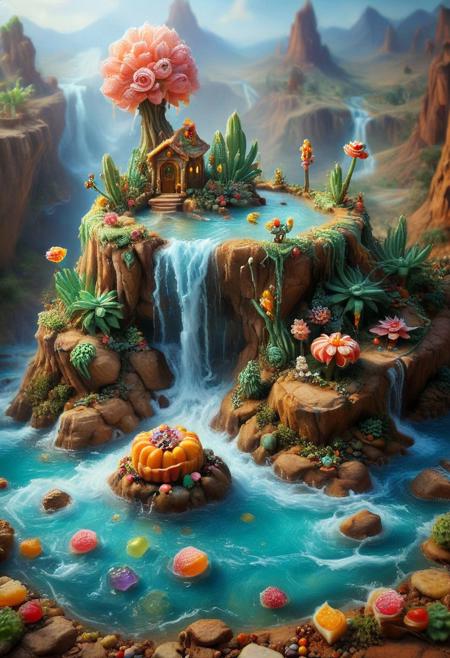candy ,tilt-shift photo of best quality double exposure complex surreal painting on cracked paper, macro, microworld,  hyperdetailed,   insanely detailed, surreal, tiny genie spirit creature, flying oasis landscape placed inside a cup on the table in room. waterfall, lotus flowers,temple palms desert filigree, table cinematic, big eyes 32k, by Rockwell, WLOP Ryniac, Craola, Disney, van Gogh, highly detailed, intricated, intricated pose, high quality, centered, perfect composition.,
<lora:Midjourney_-_SemiReal_Dreams_FLUX_LoRA:1>,<lora:hyper-detail-illustration:1>, Selective focus, miniature effect, blurred background, highly detailed, vibrant, perspective control