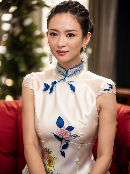 zzy, 1girl,(wearing silk  cheongsam:1.5), hair bun, hair ornament, (RAW photo, best quality), (realistic, photo-realistic:1.4), masterpiece, an extremely delicate and beautiful, extremely detailed, 2k wallpaper, Amazing, finely detail, extremely detailed CG unity 8k wallpaper, ultra-detailed, highres, soft light, beautiful detailed girl, extremely detailed eyes and face, beautiful detailed nose, beautiful detailed eyes,cinematic lighting,city lights at night,perfect anatomy,slender body,smiling
 <lora:Zhangziyi_v10:0.8>