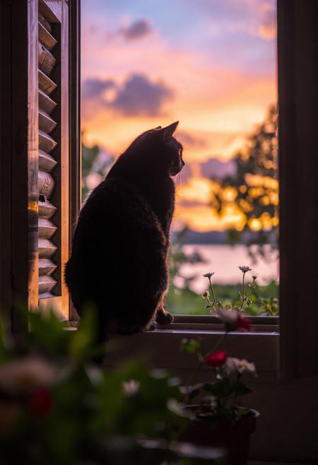 (Soft Lighting Photography by Mimoza Veliu and Mario Giacomelli:1.2), a cat perches on a windowsill at dusk. The feline, with its black fur and striking eyes, sits majestically in profile view, gazing out of the window with an expression of contemplation. The sky outside is painted with hues of orange and purple, suggesting the setting sun. The window, framed by wooden shutters, offers a view of lush greenery under the fading light of day. The cat's position on the windowsill provides a vantage point overlooking plants that seem to be in full bloom. The room is softly illuminated by the ambient light from the window, casting gentle shadows around the space. The overall atmosphere is one of tranquility and introspection, as if time has momentarily paused for this serene scene., solo, sitting, standing, tail, closed eyes, flower, outdoors, sky, day, cloud, indoors, water, from behind, blurry, tree, blue sky, no humans, window, animal, leaf, sunlight, cat, cloudy sky, plant, white flower, red flower, scenery, desk, backlighting, reflection, sunset, sun, facing away, potted plant, black cat, animal focus, twilight, evening, whiskers, gradient sky, orange sky, black fur, dusk, daisy, open window, looking outside, windowsill