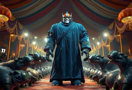 A Giant Grinder Gimmick Puppet from Transformers G1, in a carnival setting with hippos, stands at 1.78 meters, wearing a blue robe. Depict in a symmetrical full-body rendering, incorporating elements of communism, tyranny, and grime. Also, include Adularia, Countach, and grimdark-unmasked. Apply scumble technique, and remove the idol. Create in 4K, using Octane Render and Unreal Engine 5, with dynamic poses and vivid emotions. Ensure high-resolution, archival quality image, with sharp lines, stunning colors, and captivating lighting. Present on Artstation, CGSociety, Behance, and Pinterest, aiming for realism, with a joyful impact and powerful message. Incorporate golden ratio, and consider landscape photography with intricate golden filigree.