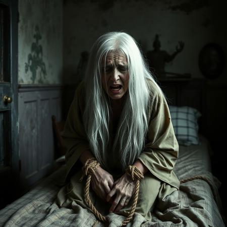 An image of an old woman with very long white hair over her face wearing old, tattered robes. She is sitting hunched over on a dirty bed in a decrepit, old Insane Asylum. The woman is crying and is wearing ropes on her wrists. Her mouth hangs open as if in pain. Dark Atmosphere. Sharpen. Crisp. Horror Vibes