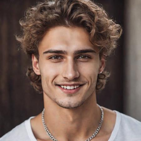 half body photo of (handsome:0.6) man, mesmerizing chestnut eyes, clean shave, wavy hair, stud, smile, [skin imperfection, pores], detailed skin, silver chain