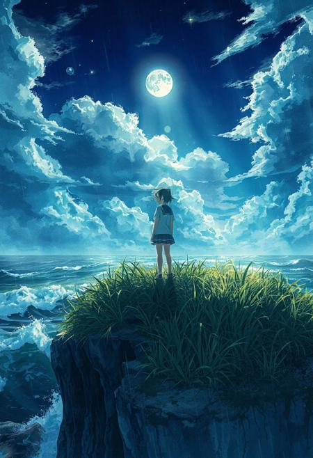 Vertical 9:16 cinematic anime scene, ultra-detailed 4K, in the style of “Weathering with You” key art: a lone girl in a soaked school uniform standing atop a grassy cliff plateau; knee-high grasses bend in the storm breeze; below, dark ocean waves crash against rocks; moonlight breaks through drifting clouds, creating dramatic light shafts; feenstaub dust motes sparkle in the shafts of light; layered cloud banks recede into depth; parallax-ready composition with grass blades crisp foreground, girl in sharp midground, foam-tipped waves and horizon softly blurred; hyper-detailed watercolor cel shading, wet cliff textures, subtle bloom and film grain; powerful, enchanted sense of depth and motion