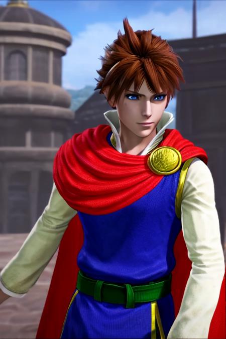 masterpiece, best quality, bartz klauser, brown hair, short hair, blue eyes, blue shirt, red cape, green belt, solo, <lora:Bartz:0.8>