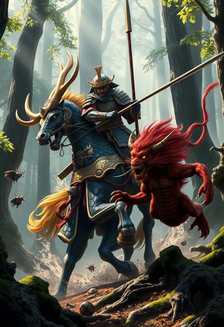 A Samurai in ornate, battle-worn armor rides atop a majestic Kirin through a misty Japanese forest. The Kirin’s scales resemble dark lacquer edged with shimmering gold, giving it a regal, polished appearance. Its large, elk-like antlers gleam in gold and silver, catching the dappled sunlight breaking through the dense canopy. The Kirin’s golden mane flows like liquid fire as it charges forward with an aura of divine power. The Samurai, gripping a long Japanese spear (Yari), delivers a decisive strike to a crimson-skinned Japanese demon (ONI) with wild hair and sharp claws, mid-attack. The forest is alive with towering trees, moss-covered roots, and swirling mist, framing the dramatic and mystical battle. Kodama, can be seen peeking from the branches of trees and on the ground,