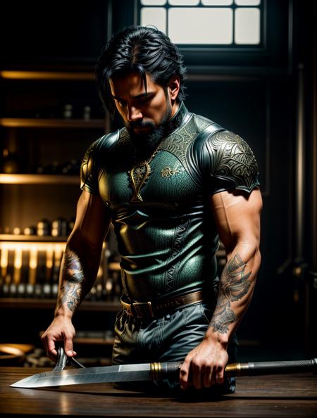 ultra detailed artistic photography, full body pose, muscular man with wild black hair and black eyes, blacksmith, forging a sword, the workshop has lots of tools, details, tattoo, glimmer, shadows, oil on canvas, brush strokes, smooth, ultra high definition, 8k, unreal engine 5, ultra sharp focus, art by alberto seveso, artgerm, loish, sf, intricate artwork masterpiece, ominous, matte painting movie poster, golden ratio, trending on cgsociety, intricate, epic, trending on artstation, by artgerm, h. r. giger and beksinski, highly detailed, vibrant, production cinematic character render, ultra high quality model24mm, 4k textures, soft cinematic light, adobe lightroom, photolab, hdr, intricate, elegant, highly detailed, sharp focus, ((((cinematic look)))), soothing tones, insane details, intricate details, hyperdetailed, low contrast, soft cinematic light, exposure blend, hdr, faded, <lora:more_details:.9>, <lora:wowifierV3:.6>