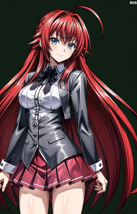 (masterpiece, top quality, best quality, official art, beautiful and aesthetic:1.2),(8k, best quality, masterpiece:1.2), 1girl, mature girl, solo, Rias_Gremory, Rias, (looking at viewer, cowboy shot, standing:1), (crimson red hair, red hair, red colored hair, flowing hair, red long hair, long ahoge:1.2), (blue eyes, light blue shining eyes:1.3), [smile, closed mouth:1.2], [large breasts, sexy:1], (Rias School, school uniform, red pleated skirt, white shirt, black jacket:1.15), <lora:more_details:.4>, <lora:RiasLora:.7>