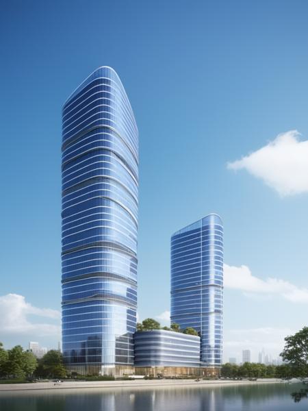 Architectural style <lora:JJsCurtainWallBuilding_XL:0.7> ,  ((CurtainWall Building)), outdoors  (masterpiece),(high quality), best quality, curvy, (realistic), super detailed, (full detail),(4k),8k,no humans, scenery, day, cloud, sky, outdoors, building, city, aircraft, tree, cityscape, spacecraft, water, blue sky, clean line, . Clean lines, geometric shapes, minimalist, modern, architectural drawing, highly detailed