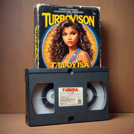 a VHS package starring Zendaya in TURBOVISION, 
 <lora:VHS_package:0.8>