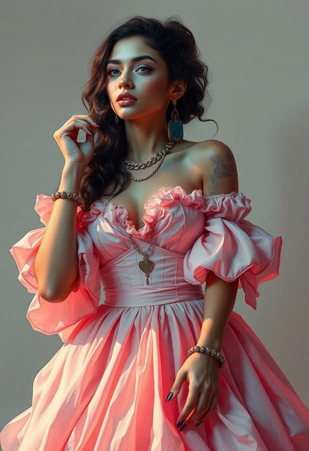 A model wearing a delicate Renaissance-inspired gown, but her pose and accessories scream street fashion and modern rebellion
hyperrealistic romantic portraiture, bold graphic linework, soft pastel lighting with high-contrast shadows, stylized exaggerated anatomy, striking neon and muted color fusion, delicate painterly realism with edgy comic book elements, fashion-forward and contemporary aesthetic, expressive storytelling through pose and lighting